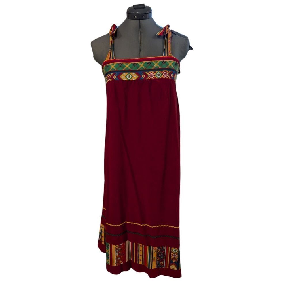 Boho 70s vintage patchwork red floral striped dress‎ women's size large - Picture 6 of 11